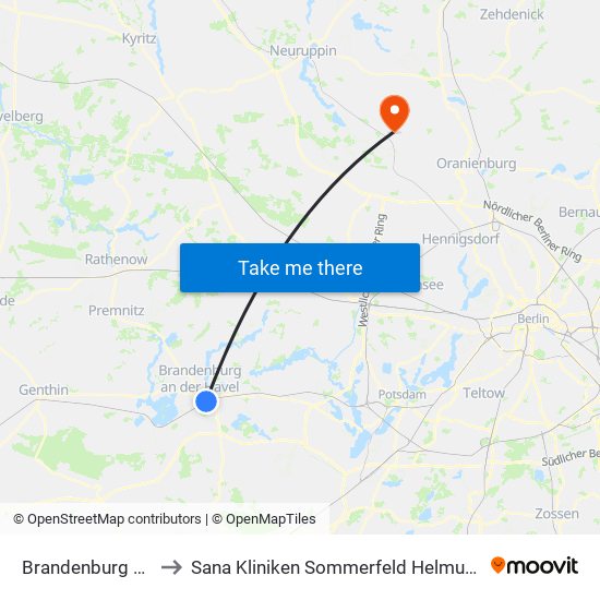 Brandenburg Hauptbahnhof to Sana Kliniken Sommerfeld Helmut-Ulrici-Kliniken Kremmen OT map