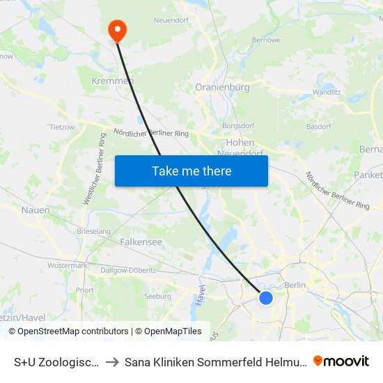 S+U Zoologischer Garten Bhf to Sana Kliniken Sommerfeld Helmut-Ulrici-Kliniken Kremmen OT map