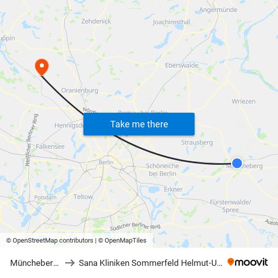 Müncheberg, Bahnhof to Sana Kliniken Sommerfeld Helmut-Ulrici-Kliniken Kremmen OT map