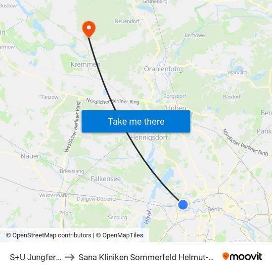 S+U Jungfernheide Bhf to Sana Kliniken Sommerfeld Helmut-Ulrici-Kliniken Kremmen OT map