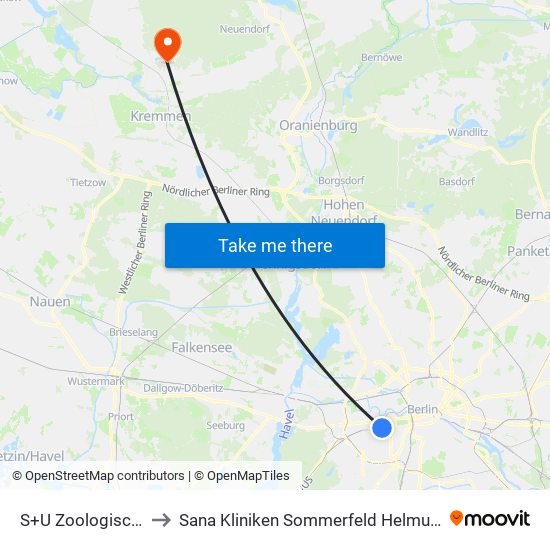 S+U Zoologischer Garten Bhf to Sana Kliniken Sommerfeld Helmut-Ulrici-Kliniken Kremmen OT map