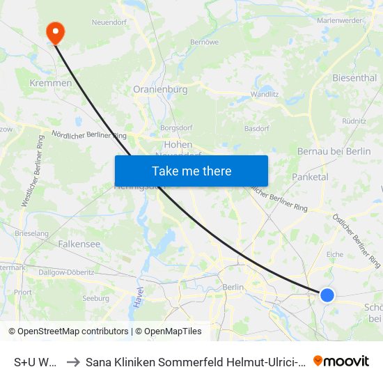 S+U Wuhletal to Sana Kliniken Sommerfeld Helmut-Ulrici-Kliniken Kremmen OT map