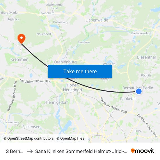 S Bernau Bhf to Sana Kliniken Sommerfeld Helmut-Ulrici-Kliniken Kremmen OT map