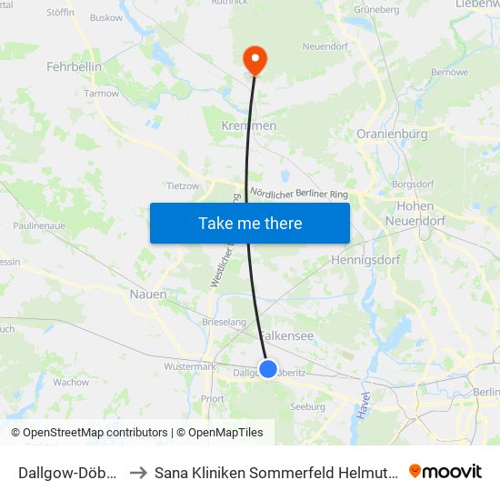 Dallgow-Döberitz Bahnhof to Sana Kliniken Sommerfeld Helmut-Ulrici-Kliniken Kremmen OT map