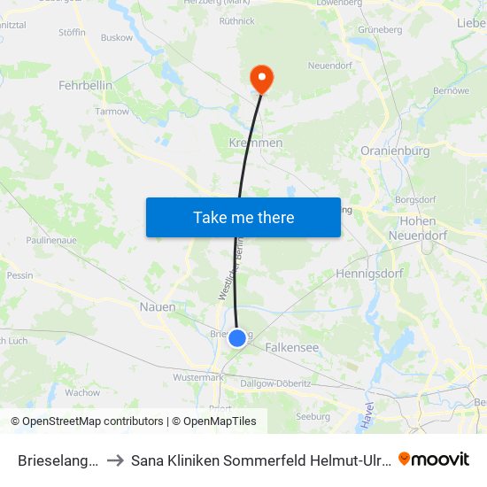 Brieselang Bahnhof to Sana Kliniken Sommerfeld Helmut-Ulrici-Kliniken Kremmen OT map