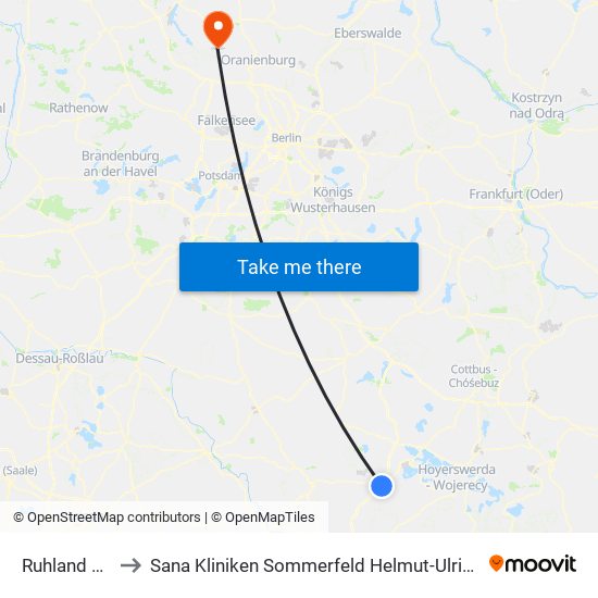 Ruhland Bahnhof to Sana Kliniken Sommerfeld Helmut-Ulrici-Kliniken Kremmen OT map