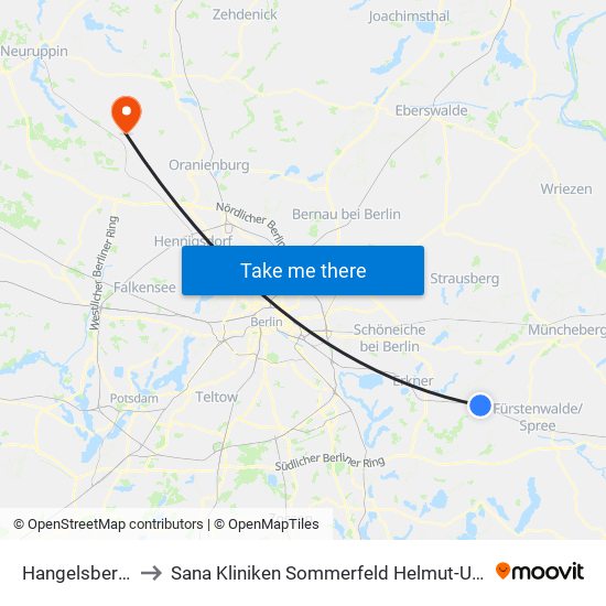 Hangelsberg Bahnhof to Sana Kliniken Sommerfeld Helmut-Ulrici-Kliniken Kremmen OT map