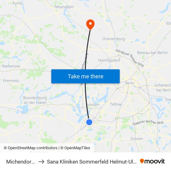 Michendorf Bahnhof to Sana Kliniken Sommerfeld Helmut-Ulrici-Kliniken Kremmen OT map