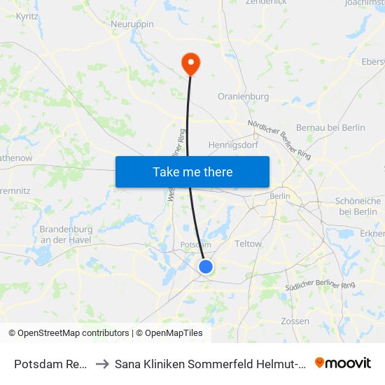 Potsdam Rehbrücke Bhf to Sana Kliniken Sommerfeld Helmut-Ulrici-Kliniken Kremmen OT map