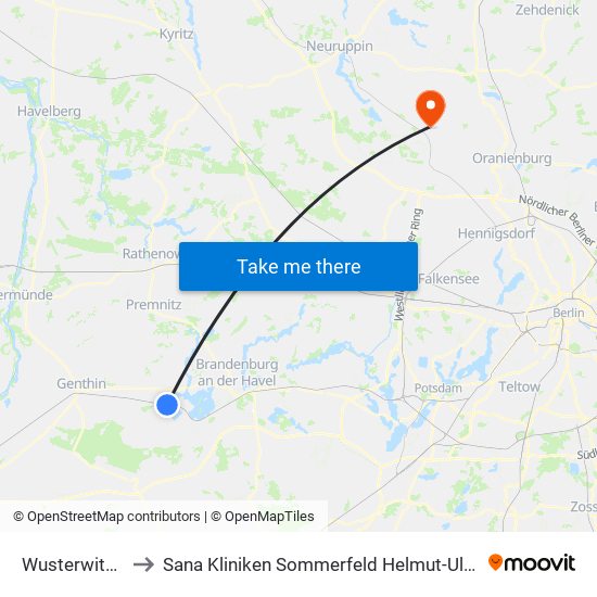 Wusterwitz Bahnhof to Sana Kliniken Sommerfeld Helmut-Ulrici-Kliniken Kremmen OT map