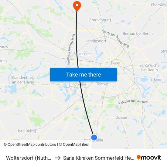 Woltersdorf (Nuthe-Urstromtal) Bahnhof to Sana Kliniken Sommerfeld Helmut-Ulrici-Kliniken Kremmen OT map