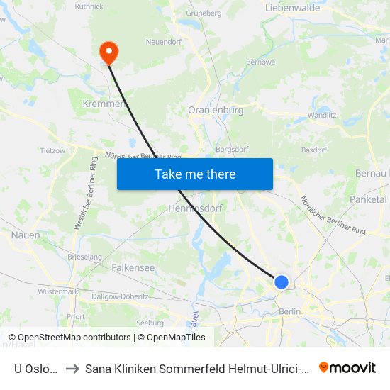 U Osloer Str. to Sana Kliniken Sommerfeld Helmut-Ulrici-Kliniken Kremmen OT map