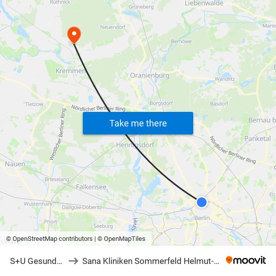 S+U Gesundbrunnen Bhf to Sana Kliniken Sommerfeld Helmut-Ulrici-Kliniken Kremmen OT map