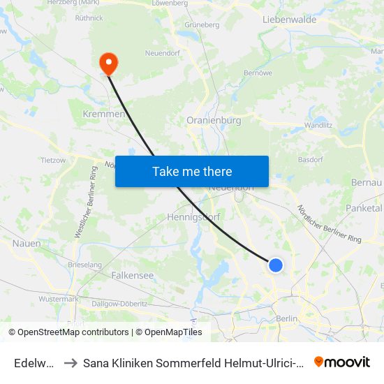 Edelweißstr. to Sana Kliniken Sommerfeld Helmut-Ulrici-Kliniken Kremmen OT map