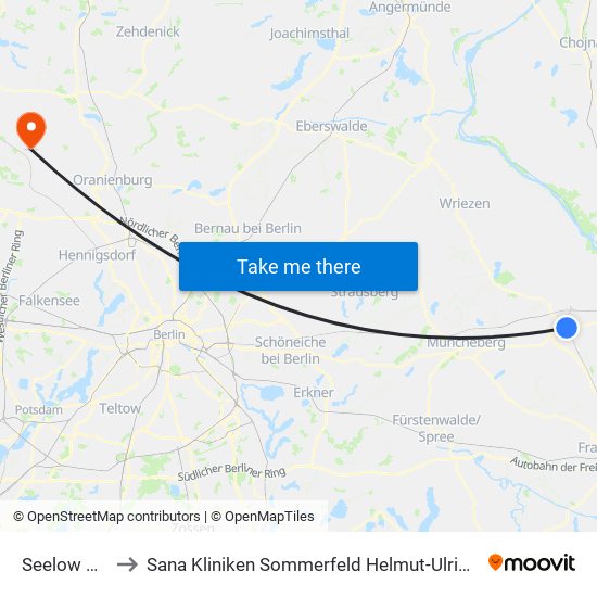 Seelow Bahnhof to Sana Kliniken Sommerfeld Helmut-Ulrici-Kliniken Kremmen OT map