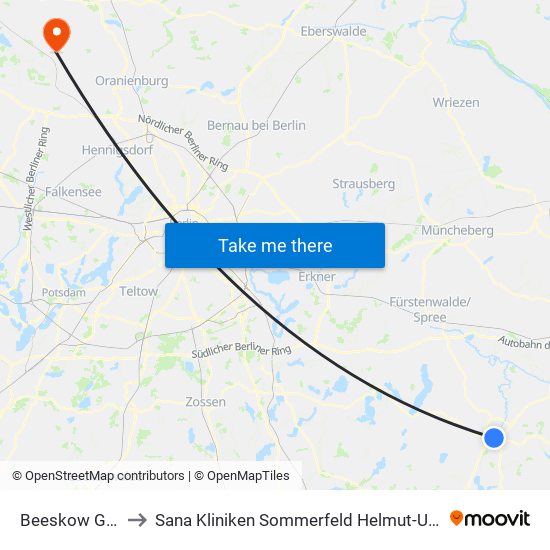 Beeskow Gymnasium to Sana Kliniken Sommerfeld Helmut-Ulrici-Kliniken Kremmen OT map