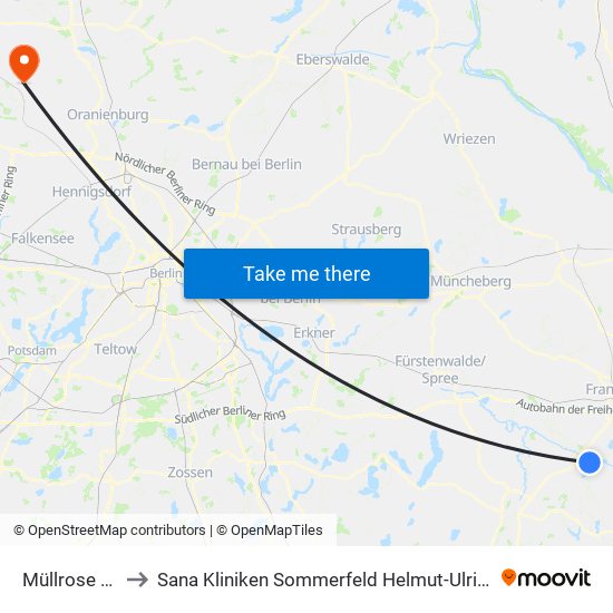 Müllrose Bahnhof to Sana Kliniken Sommerfeld Helmut-Ulrici-Kliniken Kremmen OT map