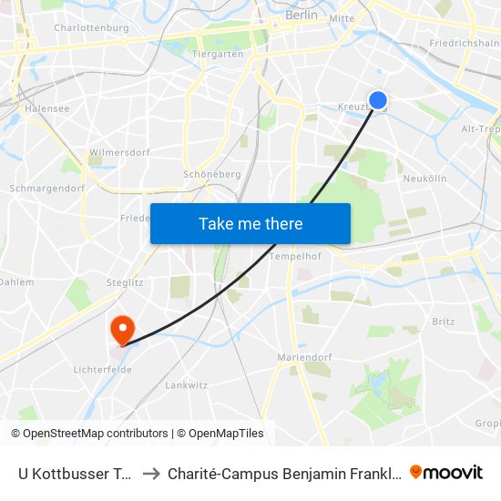 U Kottbusser Tor to Charité-Campus Benjamin Franklin map