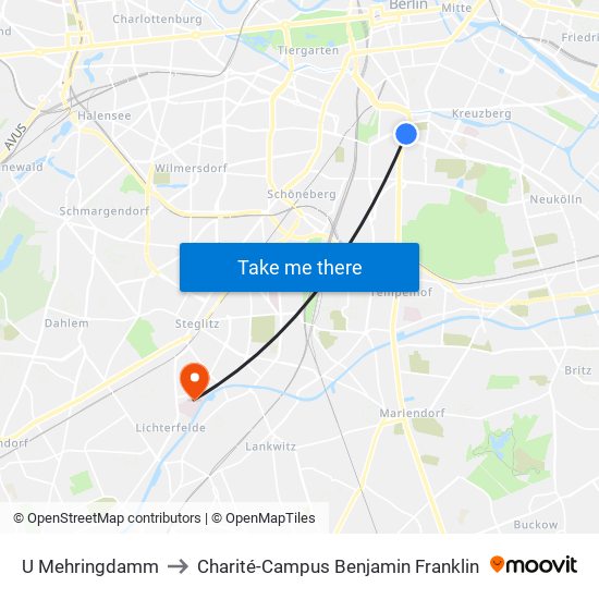 U Mehringdamm to Charité-Campus Benjamin Franklin map