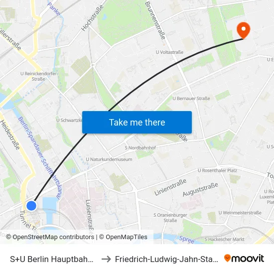 S+U Berlin Hauptbahnhof to Friedrich-Ludwig-Jahn-Stadion map