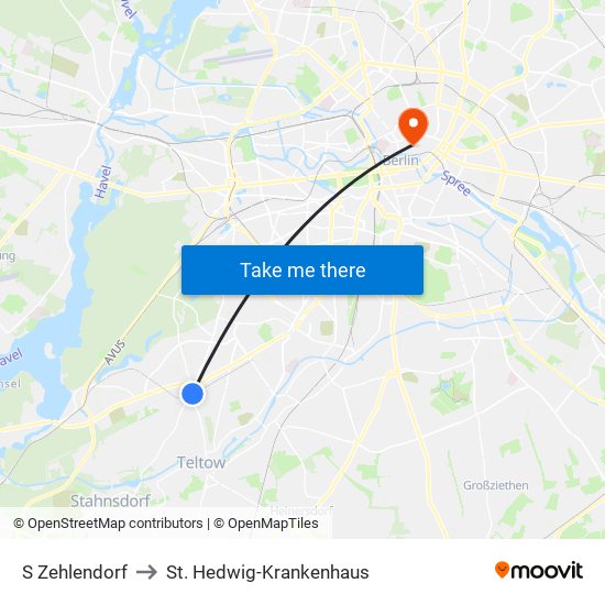 S Zehlendorf to St. Hedwig-Krankenhaus map