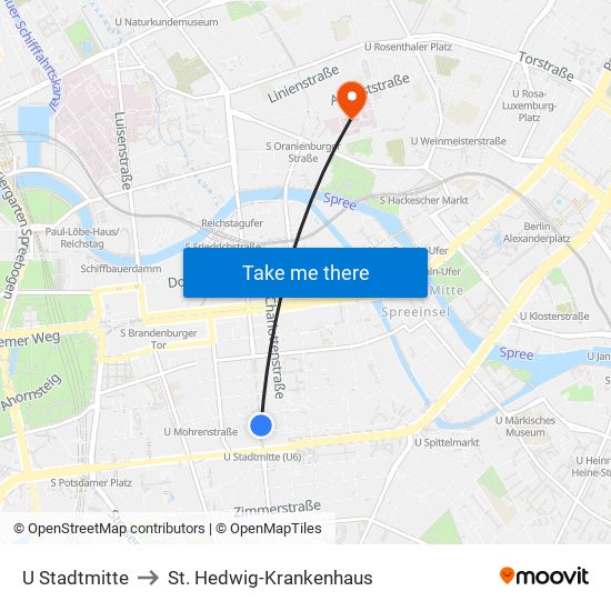 U Stadtmitte to St. Hedwig-Krankenhaus map