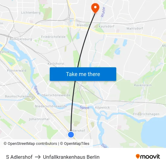 S Adlershof to Unfallkrankenhaus Berlin map