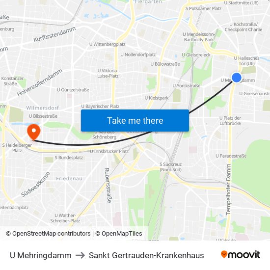 U Mehringdamm to Sankt Gertrauden-Krankenhaus map