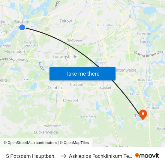 S Potsdam Hauptbahnhof to Asklepios Fachklinikum Teupitz map