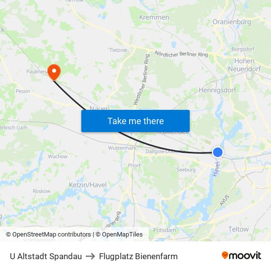 U Altstadt Spandau to Flugplatz Bienenfarm map