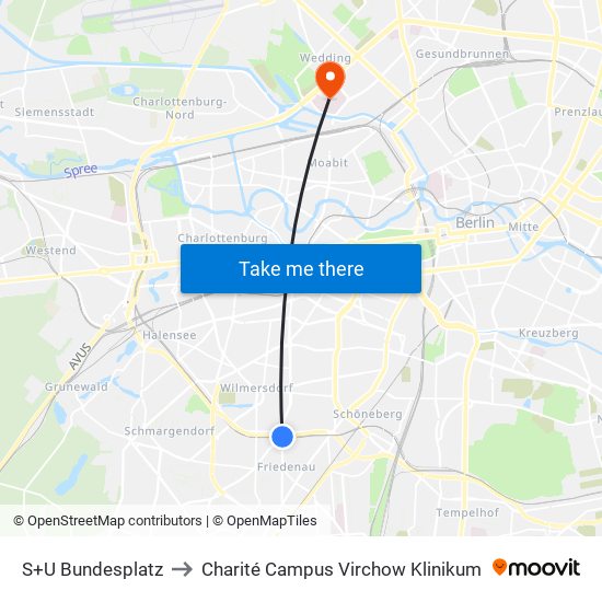 S+U Bundesplatz to Charité Campus Virchow Klinikum map