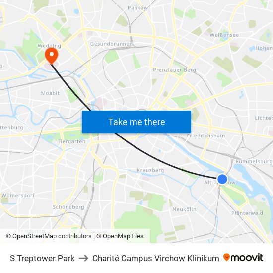 S Treptower Park to Charité Campus Virchow Klinikum map
