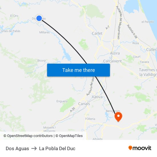 Dos Aguas to La Pobla Del Duc map