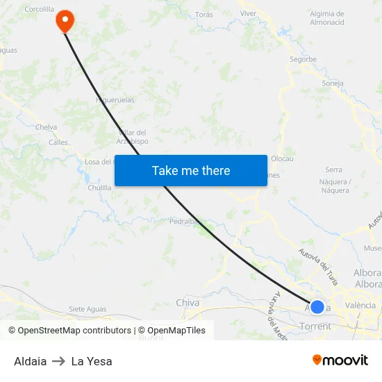 Aldaia to La Yesa map