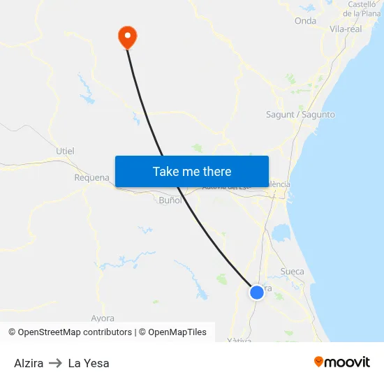 Alzira to La Yesa map