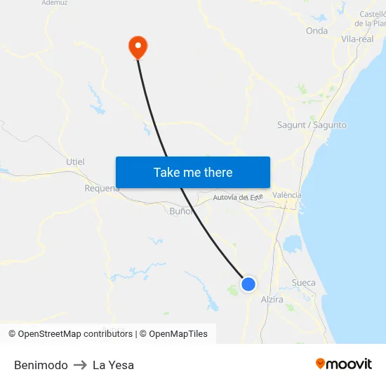 Benimodo to La Yesa map