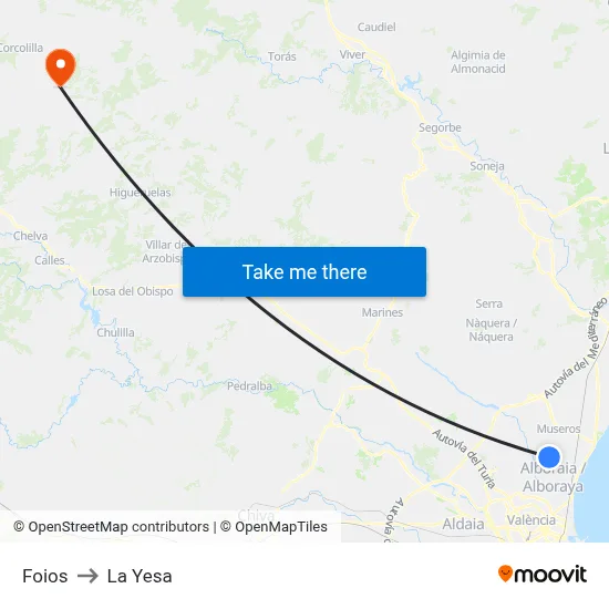 Foios to La Yesa map