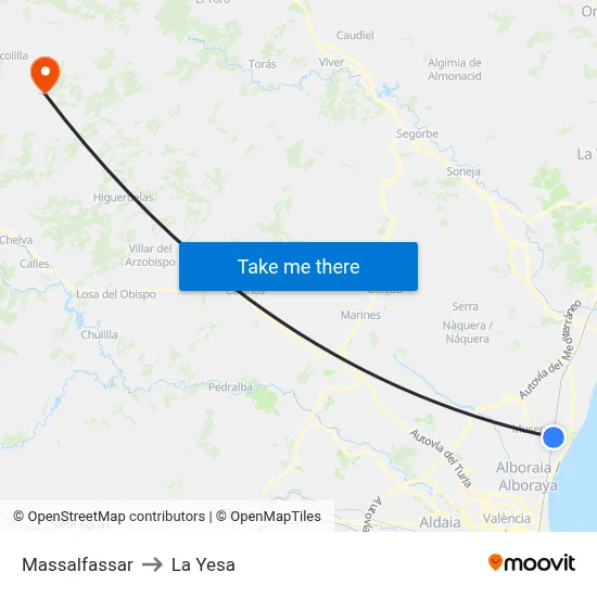 Massalfassar to La Yesa map