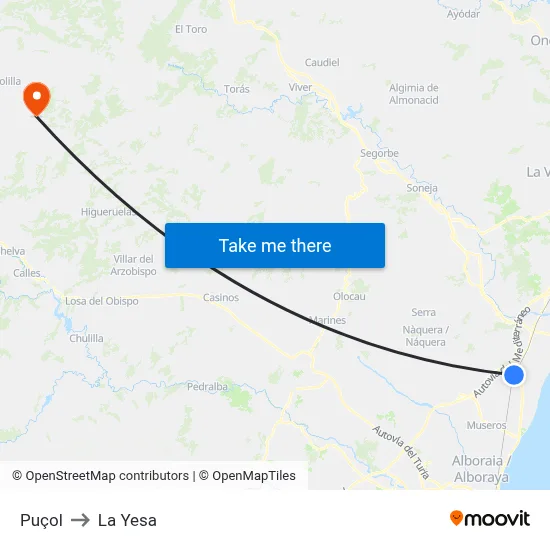 Puçol to La Yesa map