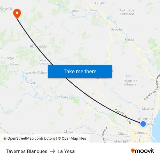 Tavernes Blanques to La Yesa map