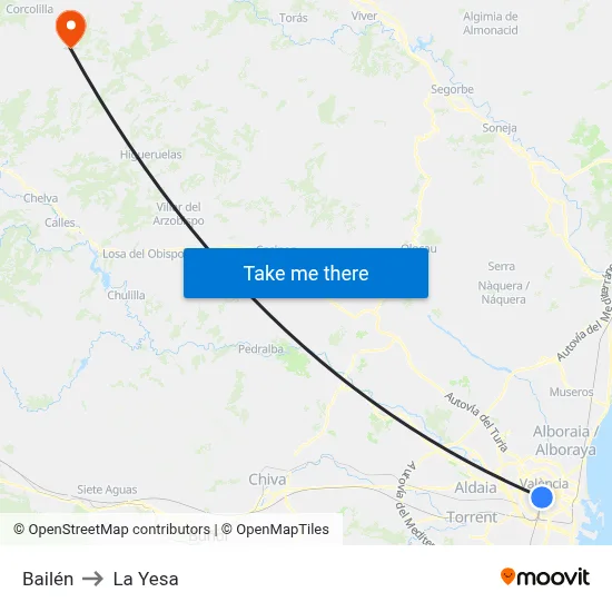 Bailén to La Yesa map