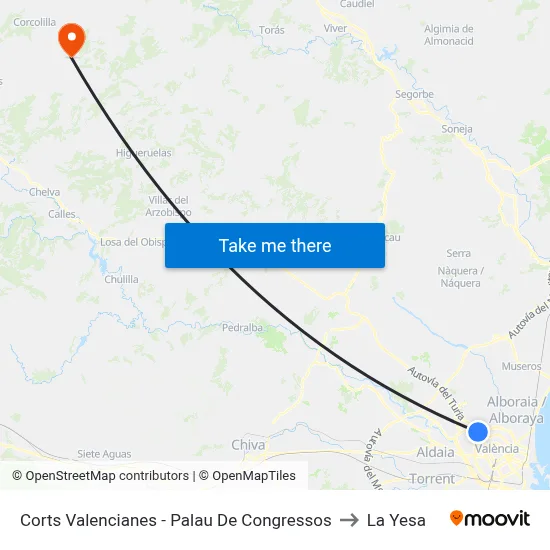 Corts Valencianes - Palau De Congressos to La Yesa map