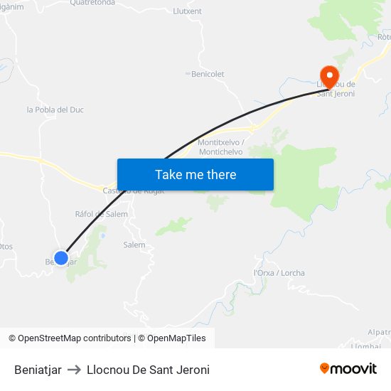 Beniatjar to Llocnou De Sant Jeroni map