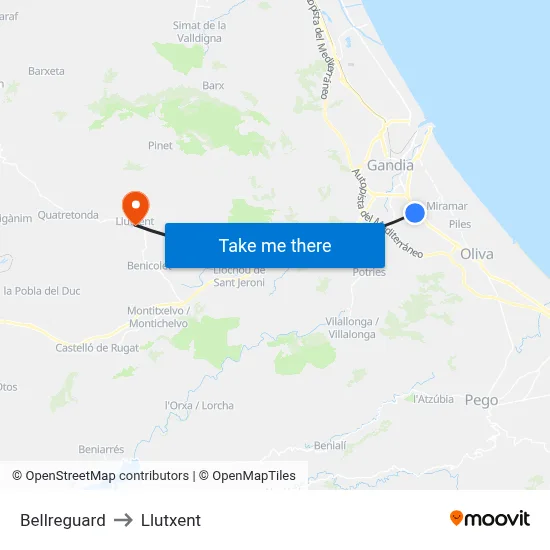 Bellreguard to Llutxent map