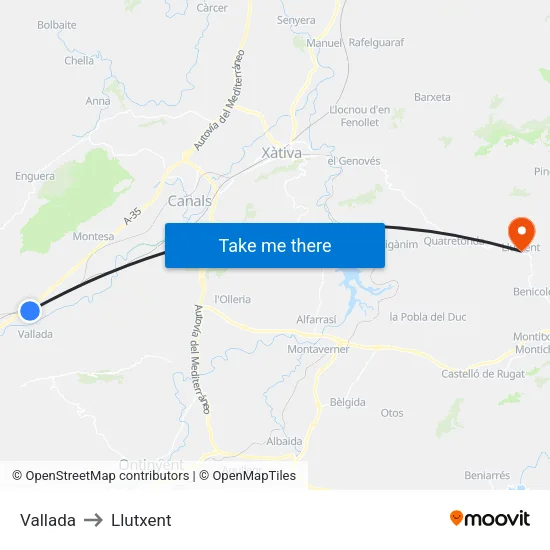 Vallada to Llutxent map