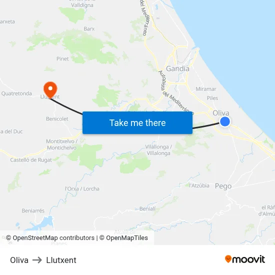 Oliva to Llutxent map