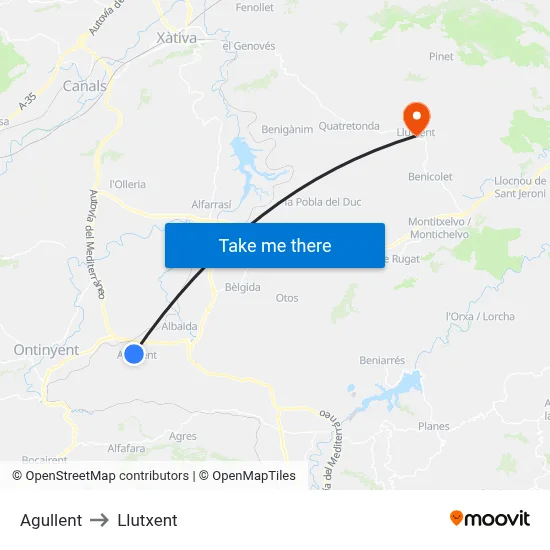 Agullent to Llutxent map