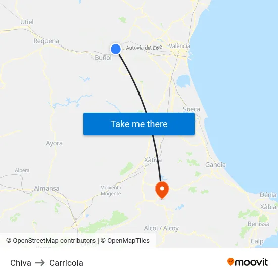 Chiva to Carrícola map