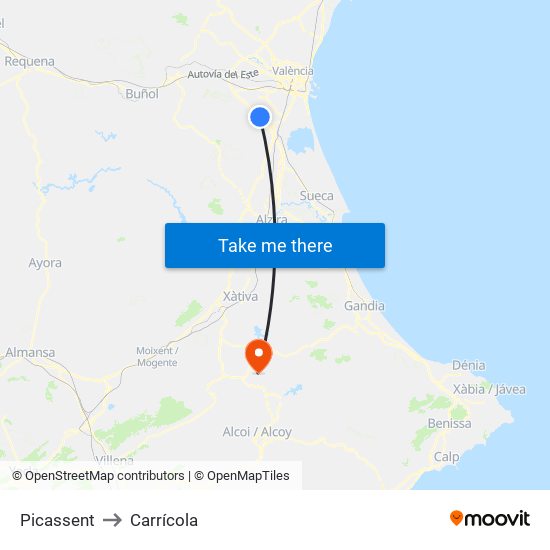 Picassent to Carrícola map