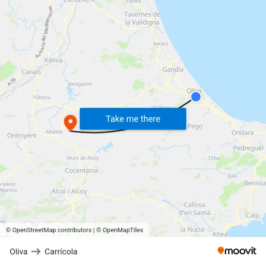 Oliva to Carrícola map